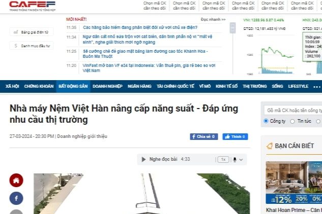 Read more about the article [Cafef.vn] Nhà máy Nệm Việt Hàn nâng cấp năng suất – Đáp ứng nhu cầu thị trường